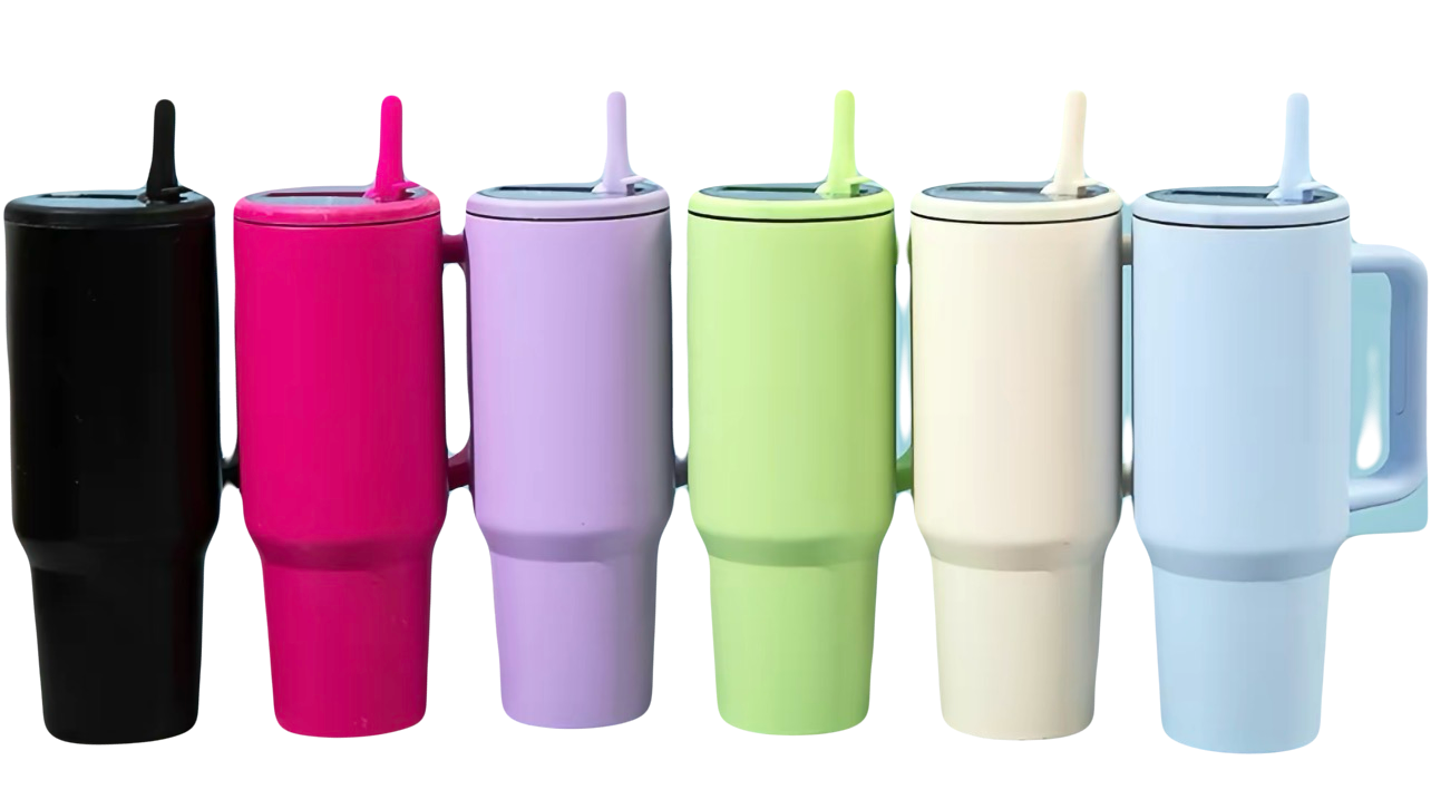 40oz. Colored stainless steel flip straw tumbler with handle